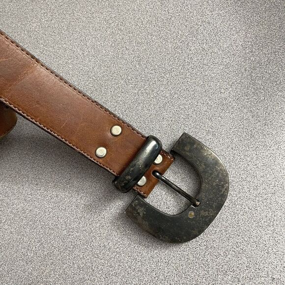 Vtg Another Line Leather Belt Brown Distressed 1.5" Made in USA Copper? Buckle - Picture 2 of 10